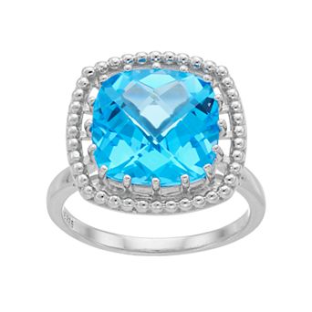 Sterling Silver Blue Topaz Square Halo Ring