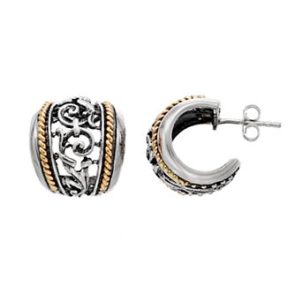 Two Tone Sterling Silver Textured Hoop Earrings