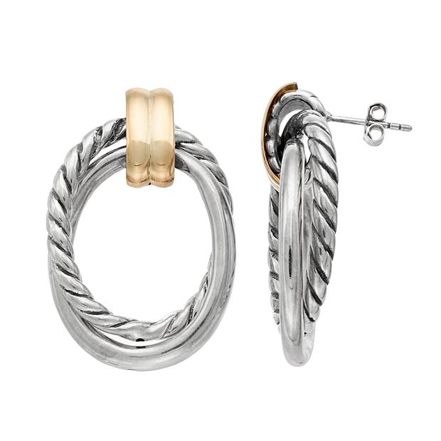 Two Tone Sterling Silver Textured Door Knocker Earrings
