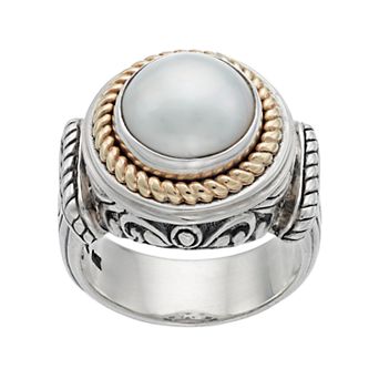 Two Tone Sterling Silver Freshwater Cultured Pearl Halo Ring