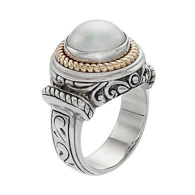 Two Tone Sterling Silver Freshwater Cultured Pearl Halo Ring