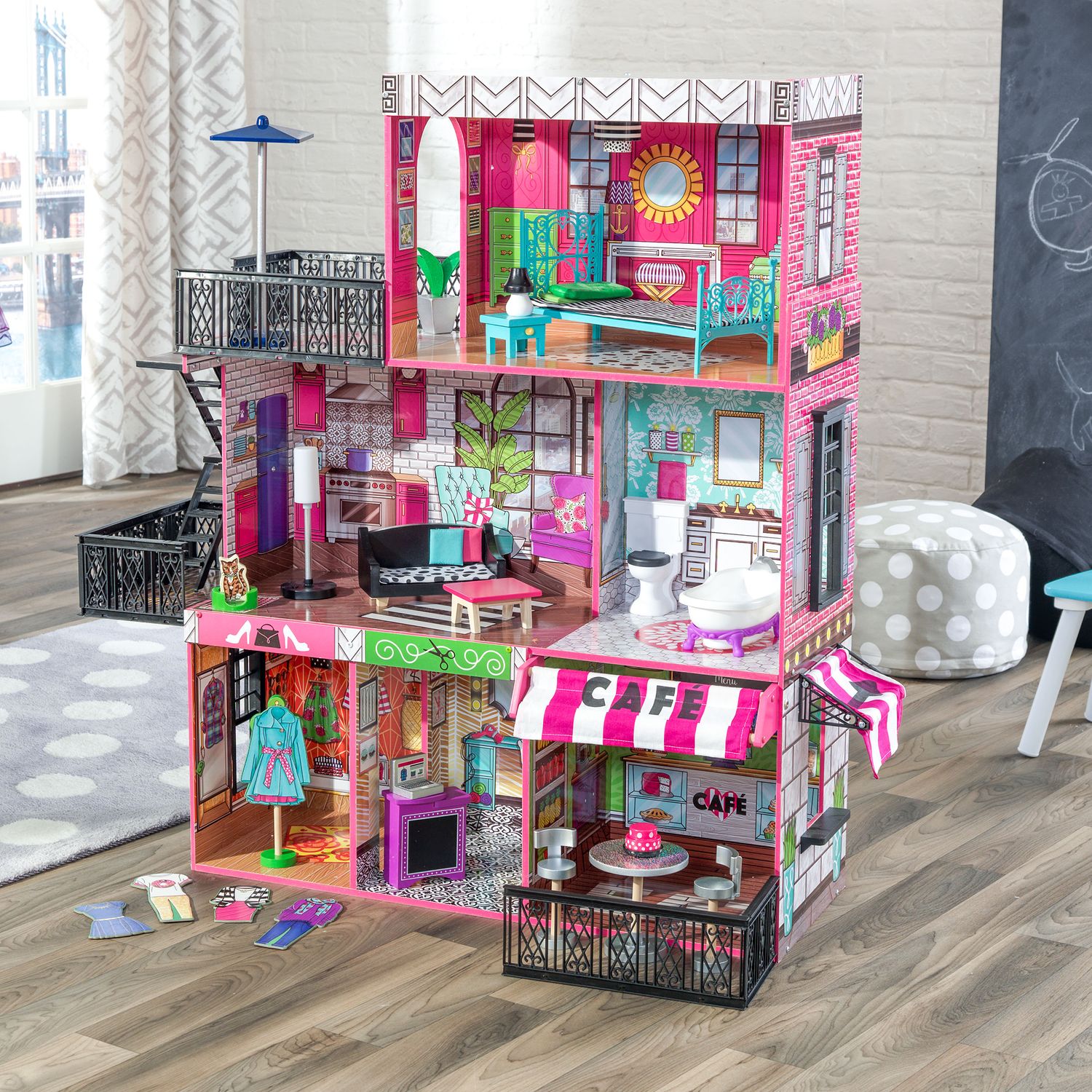 kidkraft uptown wooden dollhouse with 35 pieces of furniture