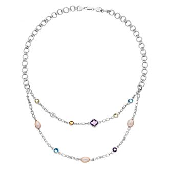 Sterling Silver Gemstone, Freshwater Cultured Pearl & Diamond Accent Double Strand Necklace