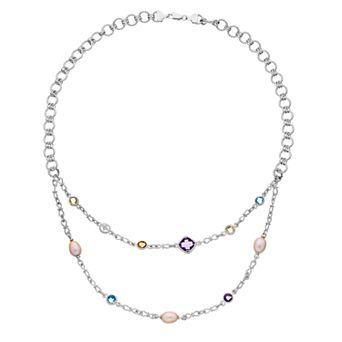 Sterling Silver Gemstone, Freshwater Cultured Pearl & Diamond Accent Double Strand Necklace