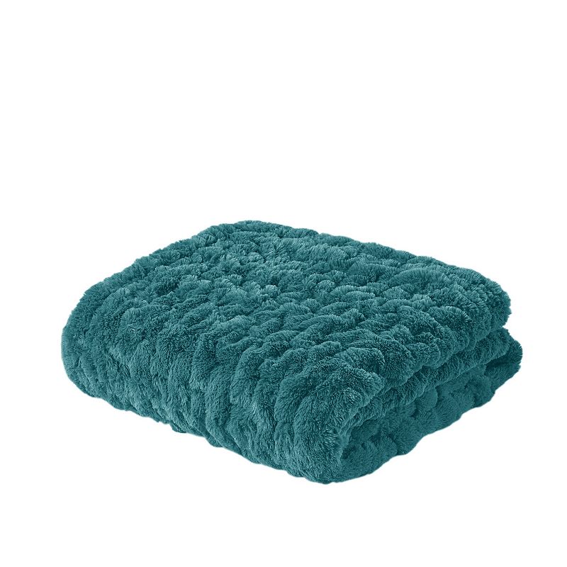 Madison Park Ultra Soft Ruched Faux Fur Throw Blanket, Med Blue