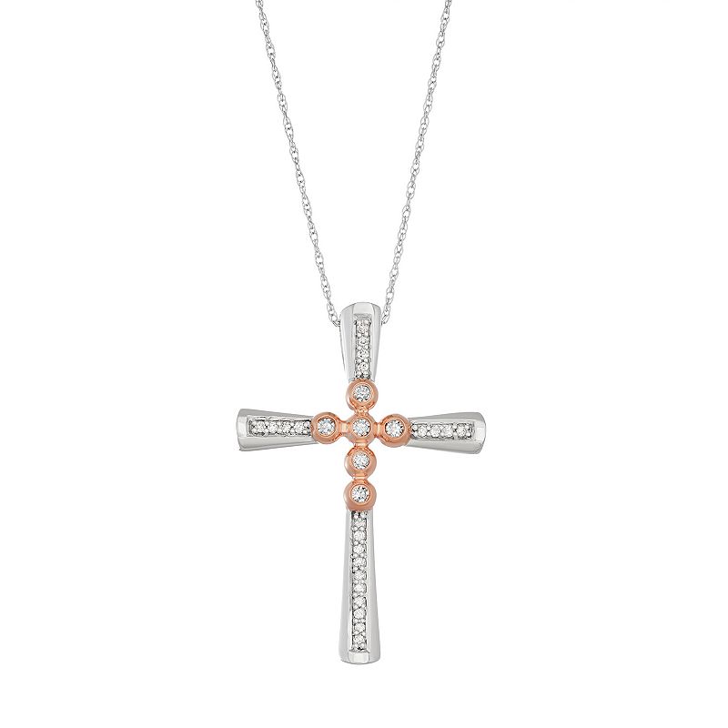 Two Tone 10k White Gold 1/6 Carat T.W. Diamond Cross Pendant, Womens