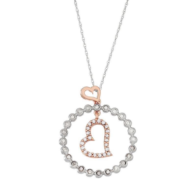 Two Tone 10k White Gold 1/3 Carat T.W. Diamond Circle & Heart Pendant, Wome