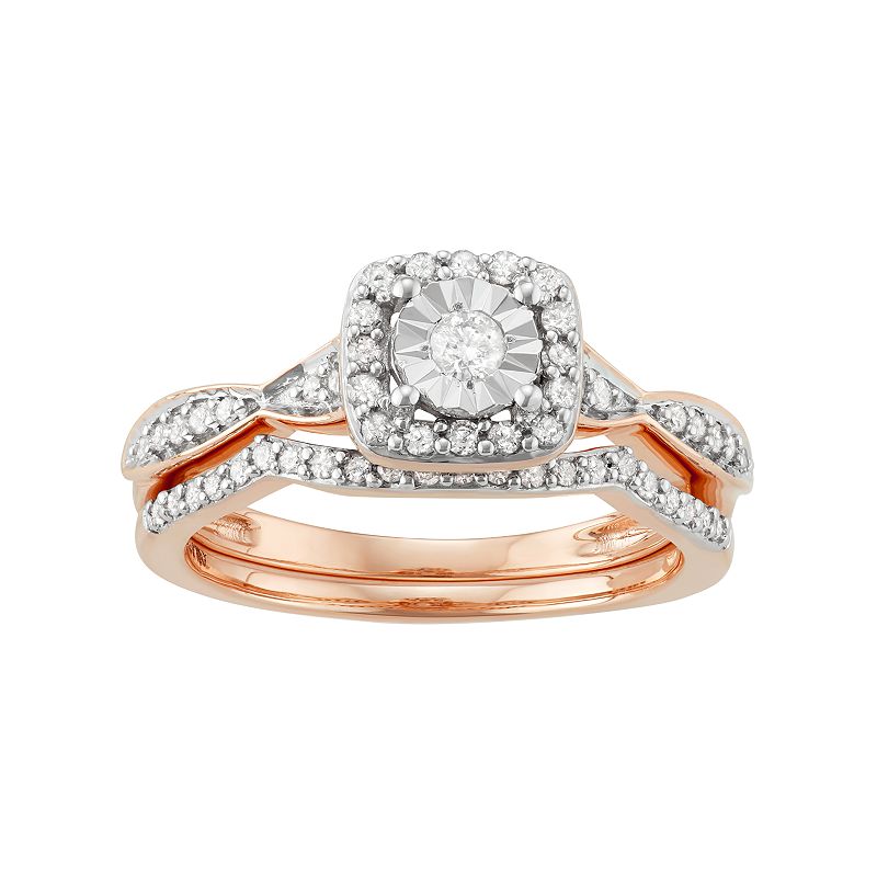 10k Rose Gold 3/8 Carat T.W. Diamond Square Halo Engagement Ring Set, Women