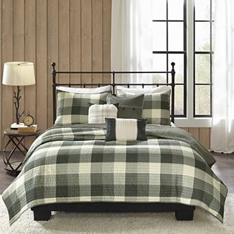 Madison Park 6 pc Pioneer Herringbone Plaid Quilt Set with Shams and Throw Pillows