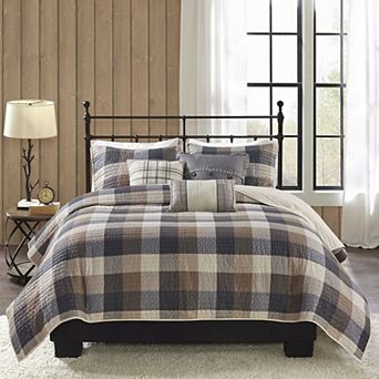 Madison Park 6 pc Pioneer Herringbone Plaid Quilt Set with Shams and Throw Pillows