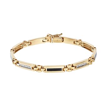 Gold LLC Men's 10k Gold 1/4 Carat T.W. Diamond & Onyx Rectangle Link Bracelet