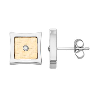 Gold LLC Men's Two Tone Stainless Steel Diamond Accent Square Stud Earrings