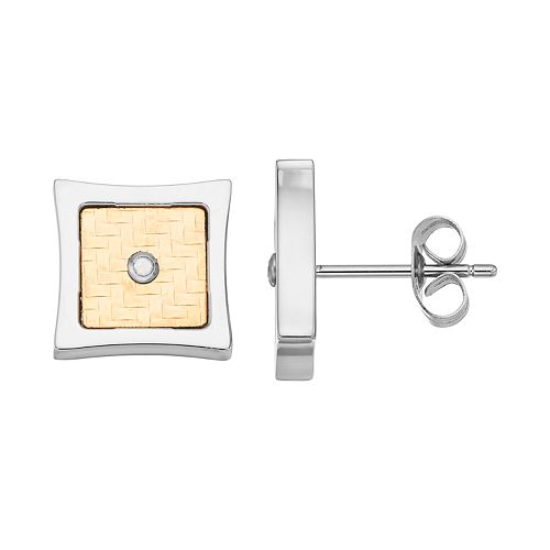 Men's Two Tone Stainless Steel Diamond Accent Square Stud Earrings