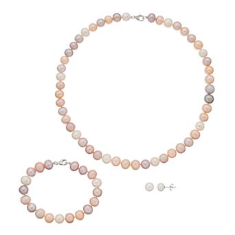 Sterling Silver Freshwater Cultured Pearl Necklace, Bracelet & Stud Earring Set