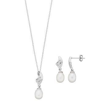 Sterling Silver Freshwater Cultured Pearl & Cubic Zirconia Pendant & Drop Earring Set