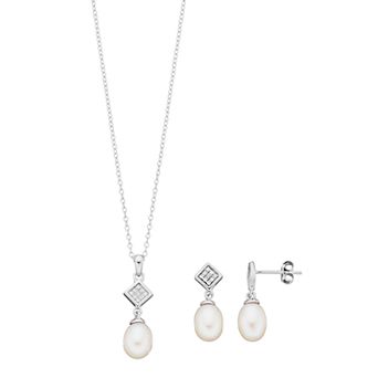 Sterling Silver Freshwater Cultured Pearl & Cubic Zirconia Pendant & Drop Earring Set
