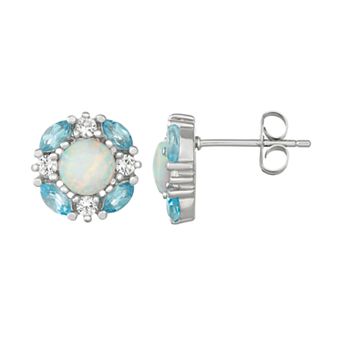 Classic Treasures Sterling Silver Blue Topaz, Lab-Created Opal & White Sapphire Cluster Stud Earrings