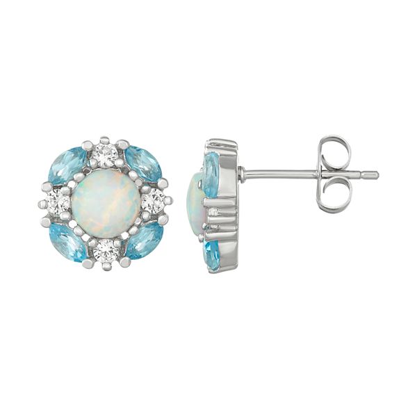 Sterling Silver Blue Topaz, Lab-Created Opal & White Sapphire Cluster ...