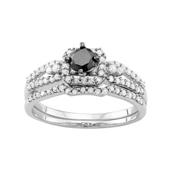 HDI 10k White Gold 1 Carat T.W. Black & White Diamond Engagement Ring Set