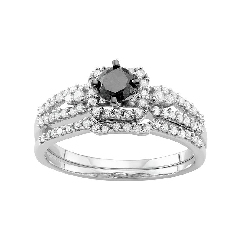 HDI 10k White Gold 1 Carat T.W. Black & White Diamond Engagement Ring Set, Women's, Size: 6, 10k Whgold