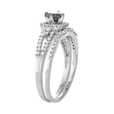 10k White Gold 1 Carat T.W. Black & White Diamond Engagement Ring Set