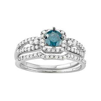 HDI 10k White Gold 1 Carat T.W. Blue & White Diamond Engagement Ring Set