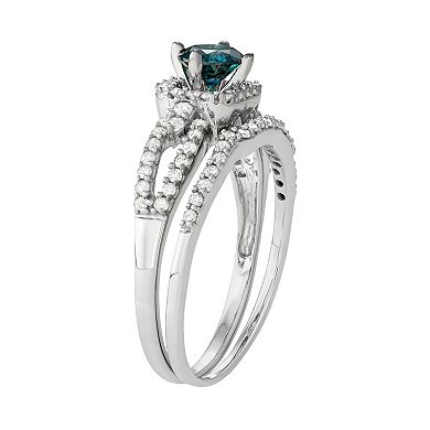 10k White Gold 1 Carat T.W. Blue & White Diamond Engagement Ring Set