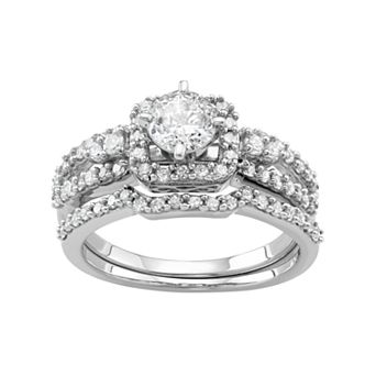 HDI 10k White Gold 1 Carat T.W. Diamond Tiered Halo Engagement Ring Set