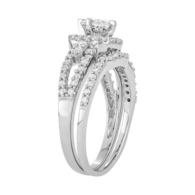 10k White Gold 1 Carat T.W. Diamond Tiered Halo Engagement Ring Set
