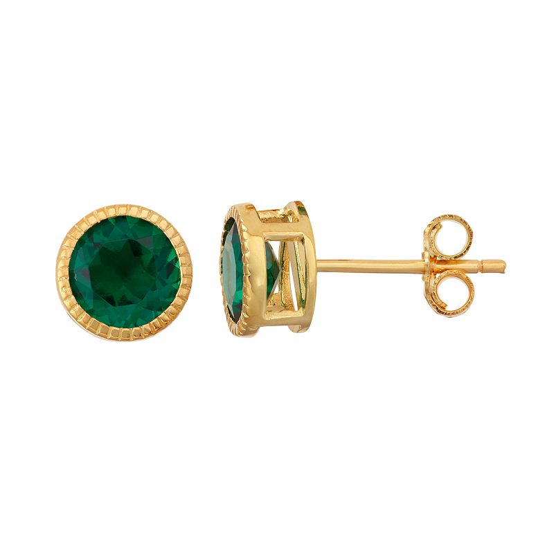 14k Gold Over Silver Lab-Created Emerald Milgrain Stud Earrings, Womens, G