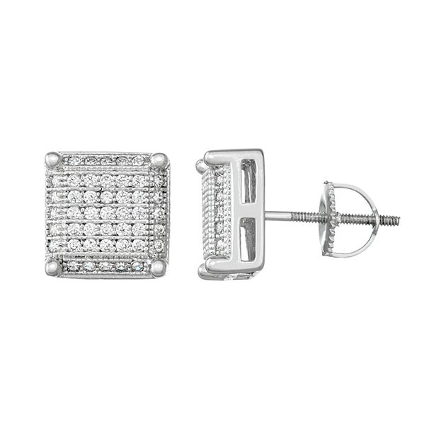 Men's Sterling Silver Cubic Zirconia Square Stud Earrings, White