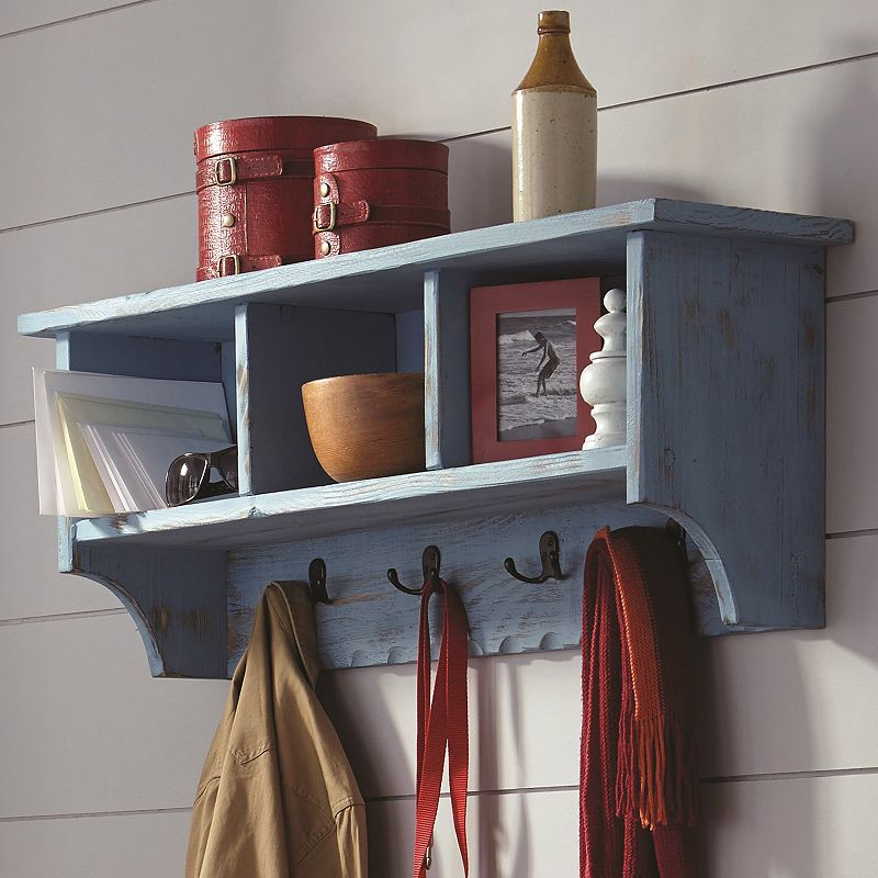 Alaterre Furniture Country Cottage Coat Hook Cubby Wall Shelf, Blue