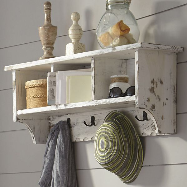 StyleWell 16.14 in. H x 36 in. W x 11 in. D White Wood Floating Decorative Cubby Wall Shelf with Hooks