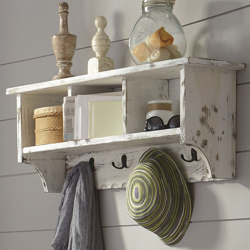 Alaterre Furniture Country Cottage Coat Hook Cubby Wall Shelf, White