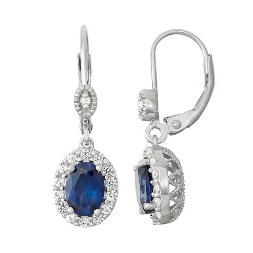 Sterling Silver Lab-Created Sapphire & Diamond Accent Halo Drop Earrings