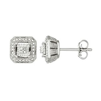 Sterling Silver Diamond Accent Square Halo Stud Earrings