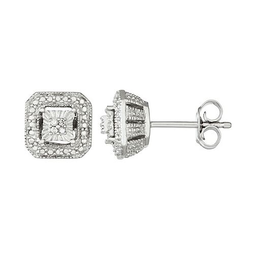 Sterling Silver Diamond Accent Square Halo Stud Earrings