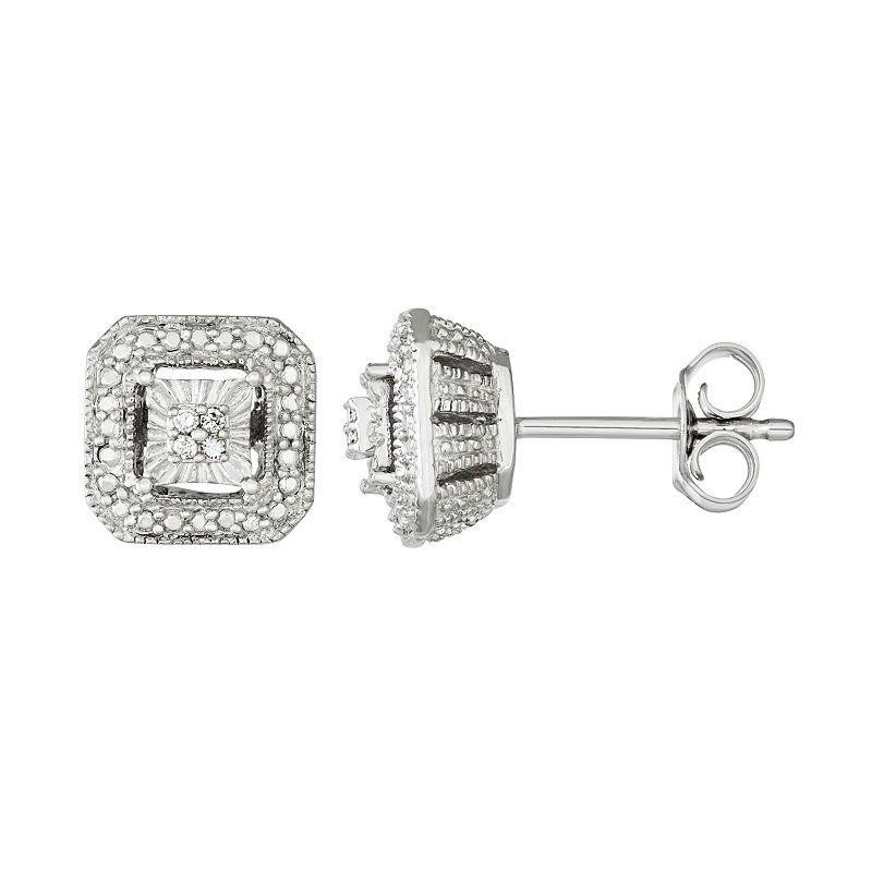 Sterling Silver Diamond Accent Square Halo Stud Earrings, Womens, White