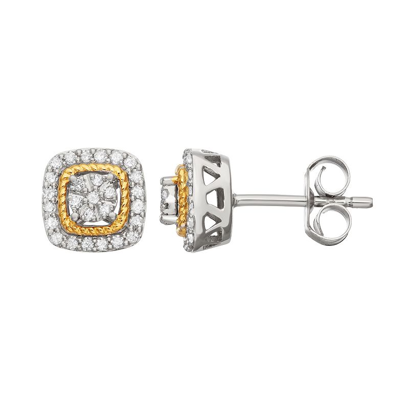 Two Tone Sterling Silver 1/4 Carat T.W. Diamond Square Halo Stud Earrings, 