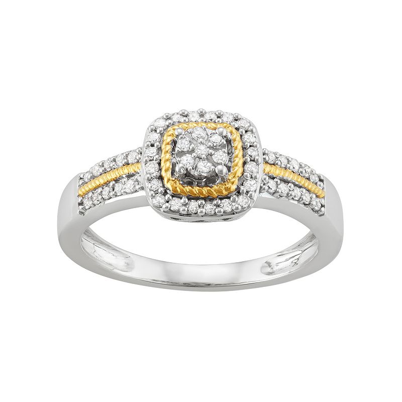 Two Tone Sterling Silver 1/4 Carat T.W. Diamond Square Halo Ring, Womens, 