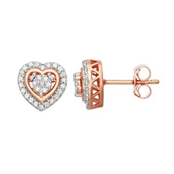 HDI 14k Rose Gold Over Silver 1/4 Carat T.W. Diamond Heart Stud Earrings