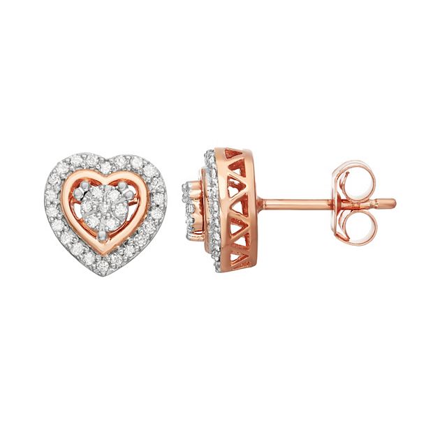 Sparkling Elevated Heart Stud Earrings, Rose gold plated