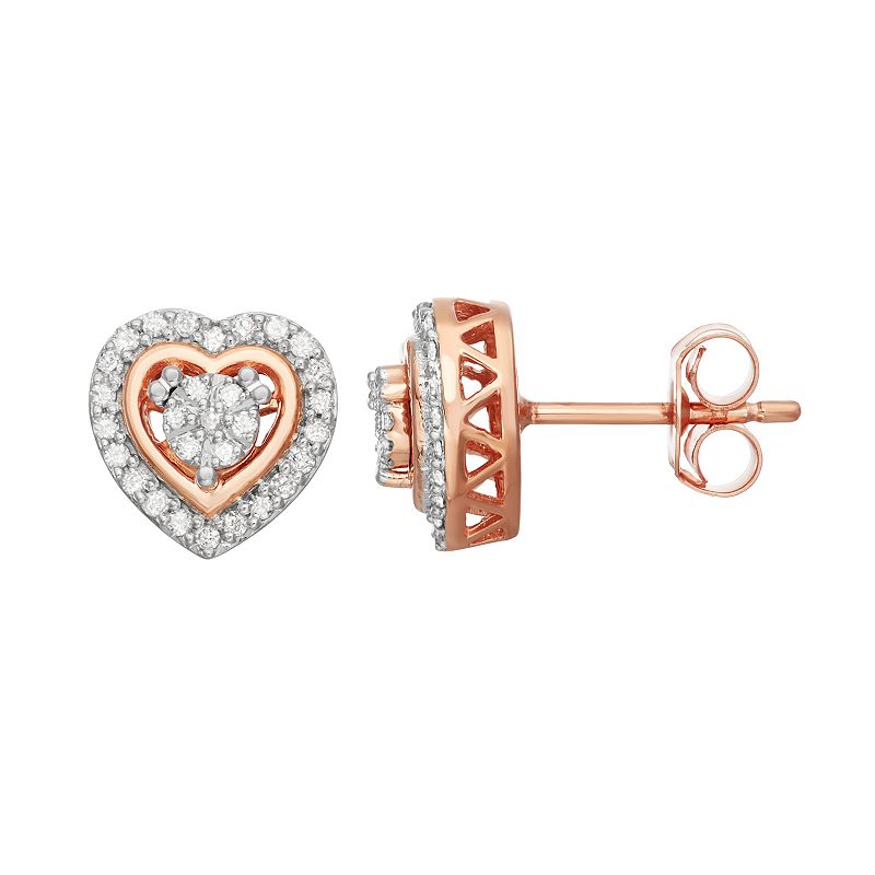 14k Rose Gold Over Silver 1/4 Carat T.W. Diamond Heart Stud Earrings, Women