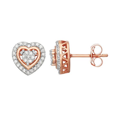 14k Rose Gold Over Silver 1/4 Carat T.W. Diamond Heart Stud Earrings