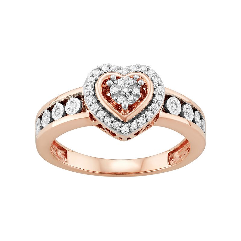 14k Rose Gold Over Silver 1/5 Carat T.W. Diamond Heart Ring, Womens, White