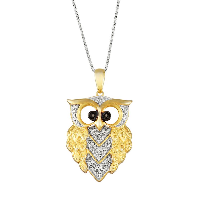 Sterling Silver 1/6 Carat T.W. Black & White Diamond Owl Pendant, Womens,