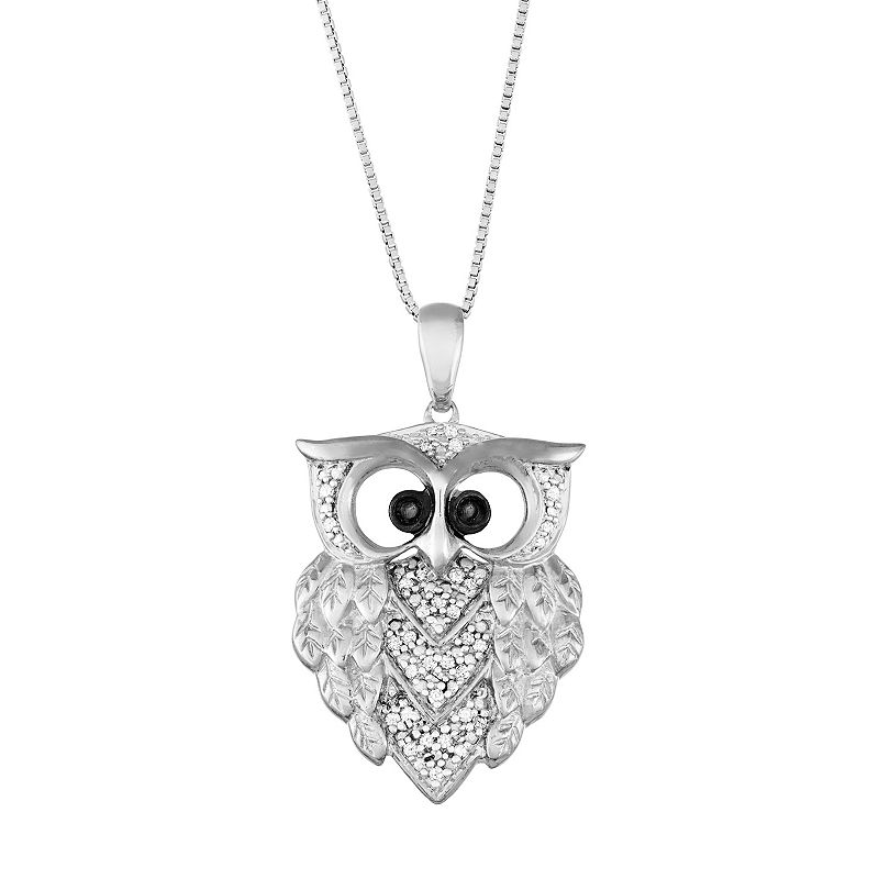 Sterling Silver 1/6 Carat T.W. Black & White Diamond Owl Pendant, Womens,