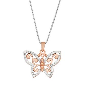 HDI Two Tone Sterling Silver 1/5 Carat T.W. Diamond Butterfly Pendant