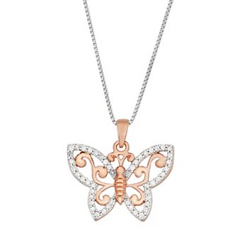 HDI Two Tone Sterling Silver 1/5 Carat T.W. Diamond Butterfly Pendant