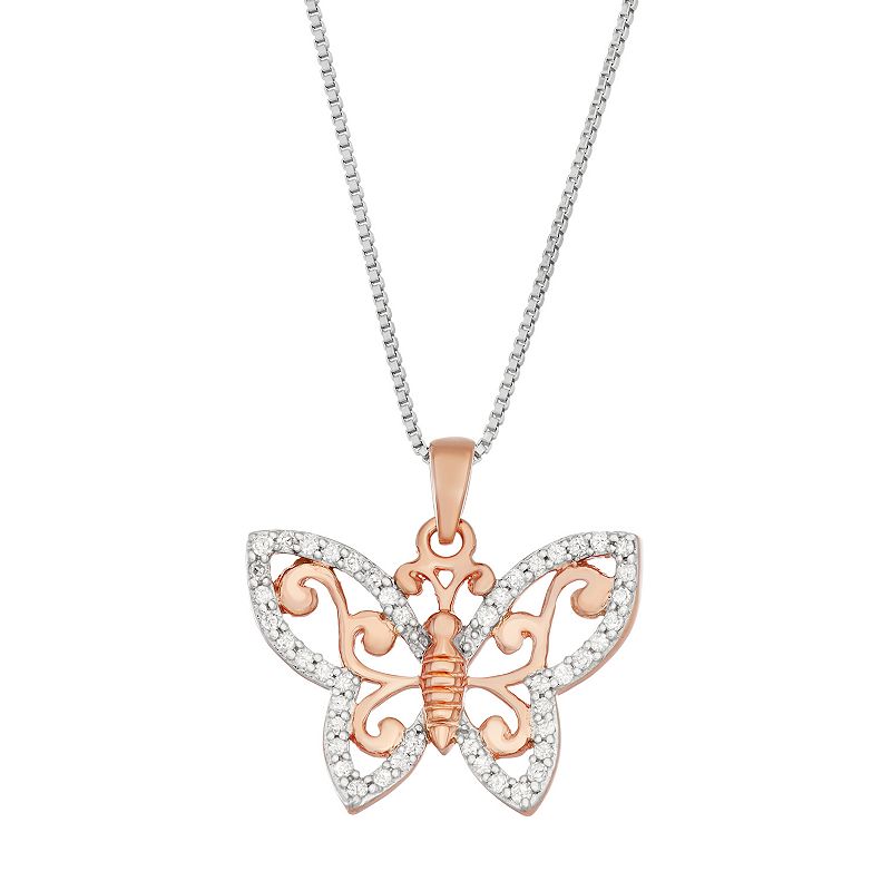 Two Tone Sterling Silver 1/5 Carat T.W. Diamond Butterfly Pendant, Womens